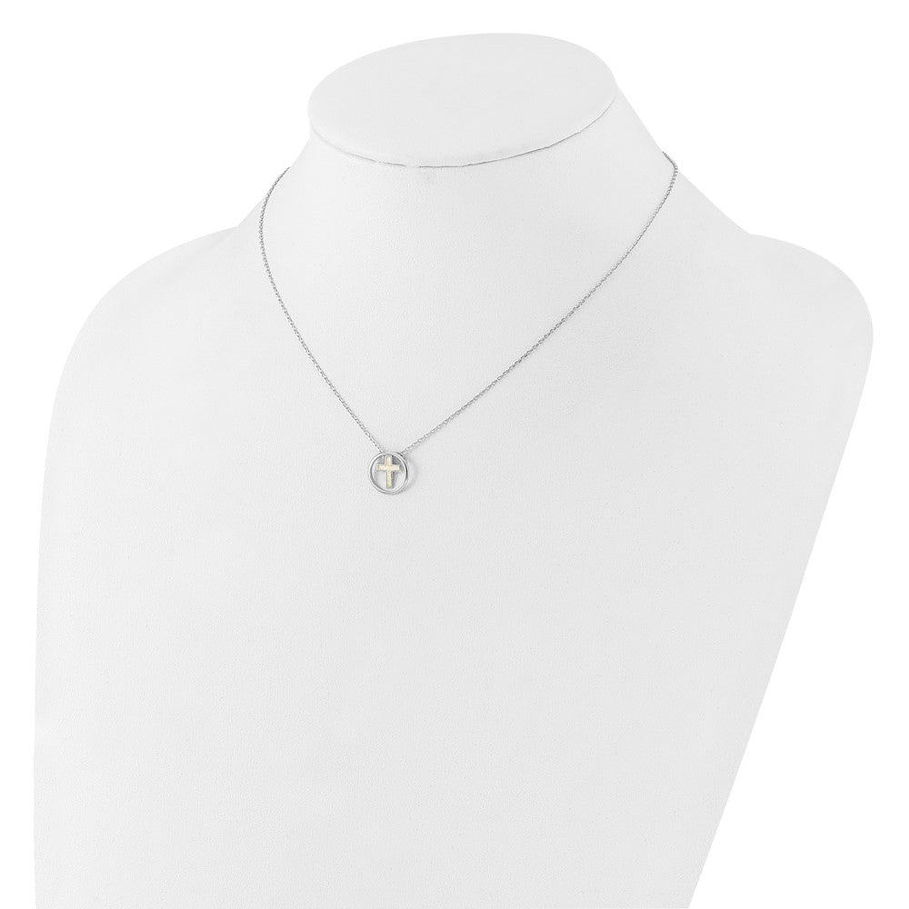 Sterling Silver Rhodium Plated Created Opal Inlay Cross 16in w/2in Ext Necklace