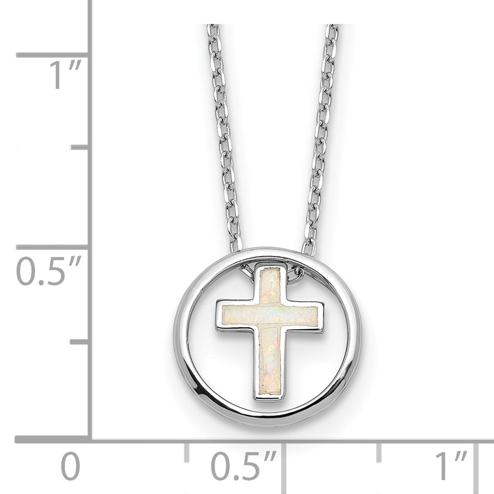 Sterling Silver Rhodium Plated Created Opal Inlay Cross 16in w/2in Ext Necklace