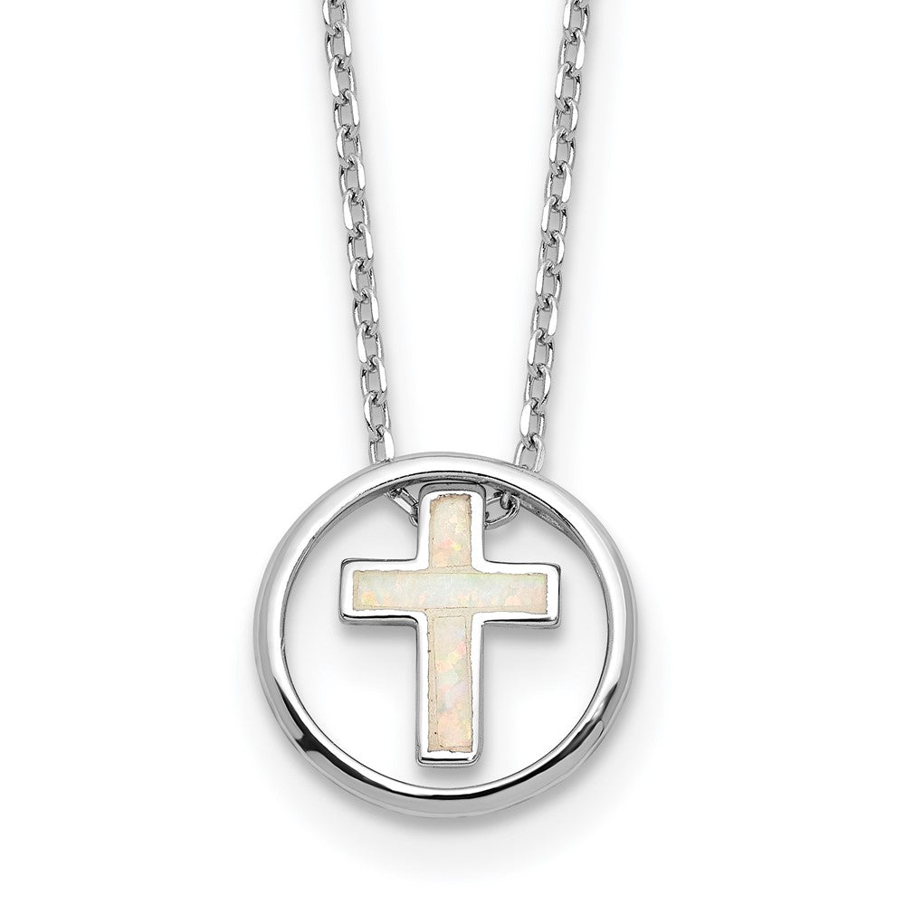 Sterling Silver Rhodium Plated Created Opal Inlay Cross 16in w/2in Ext Necklace