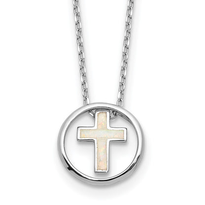 Sterling Silver Rhodium Plated Created Opal Inlay Cross 16in w/2in Ext Necklace