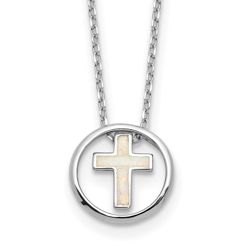 Sterling Silver Rhodium Plated Created Opal Inlay Cross 16in w/2in Ext Necklace