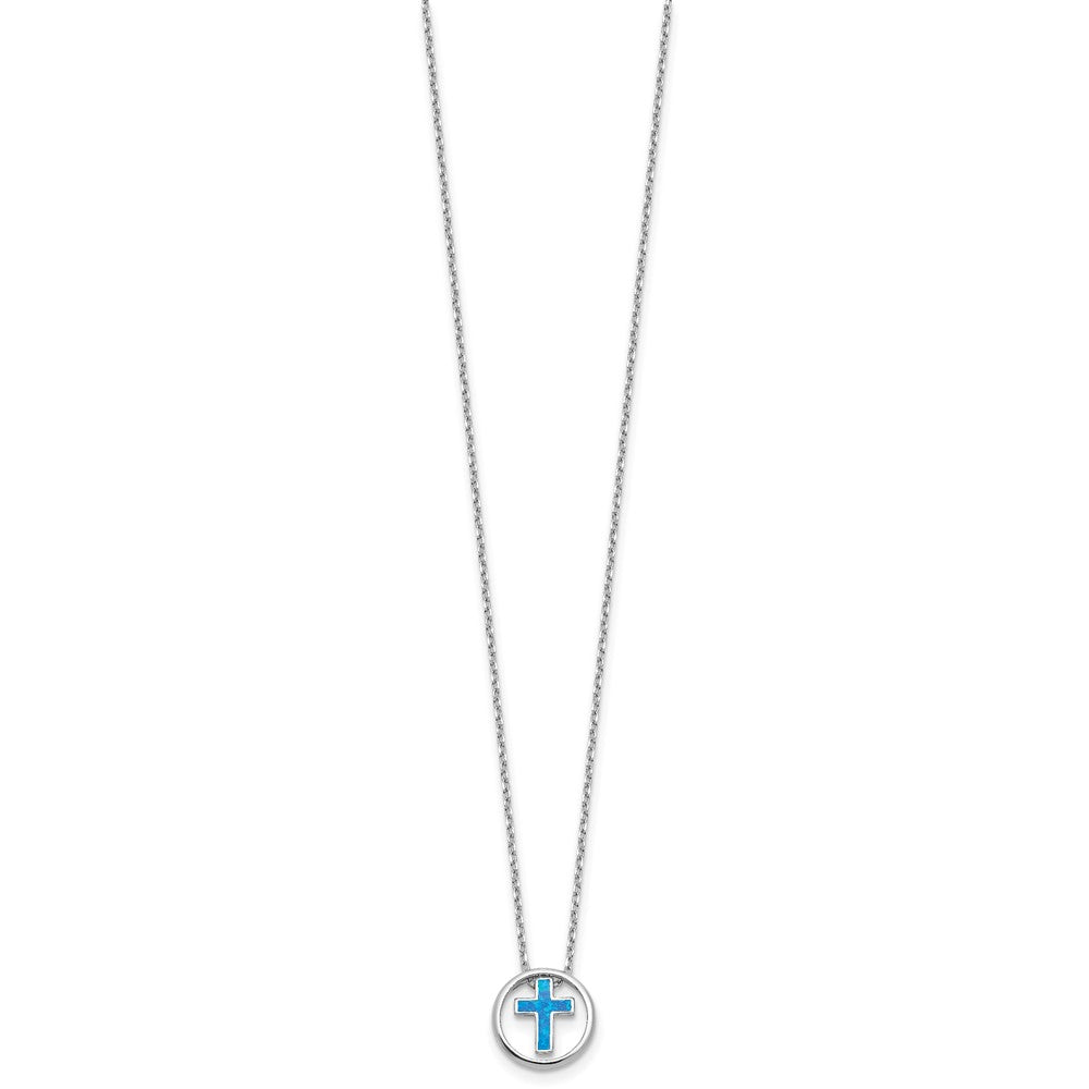 Sterling Silver Rhodium Plated Blue Cr. Opal Inlay Cross 16in w/2in Ext Necklace