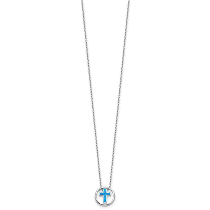 Sterling Silver Rhodium Plated Blue Cr. Opal Inlay Cross 16in w/2in Ext Necklace