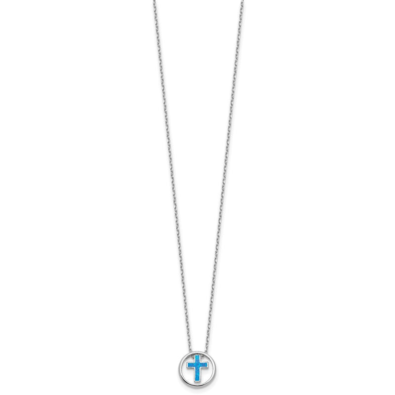 Sterling Silver Rhodium Plated Blue Cr. Opal Inlay Cross 16in w/2in Ext Necklace