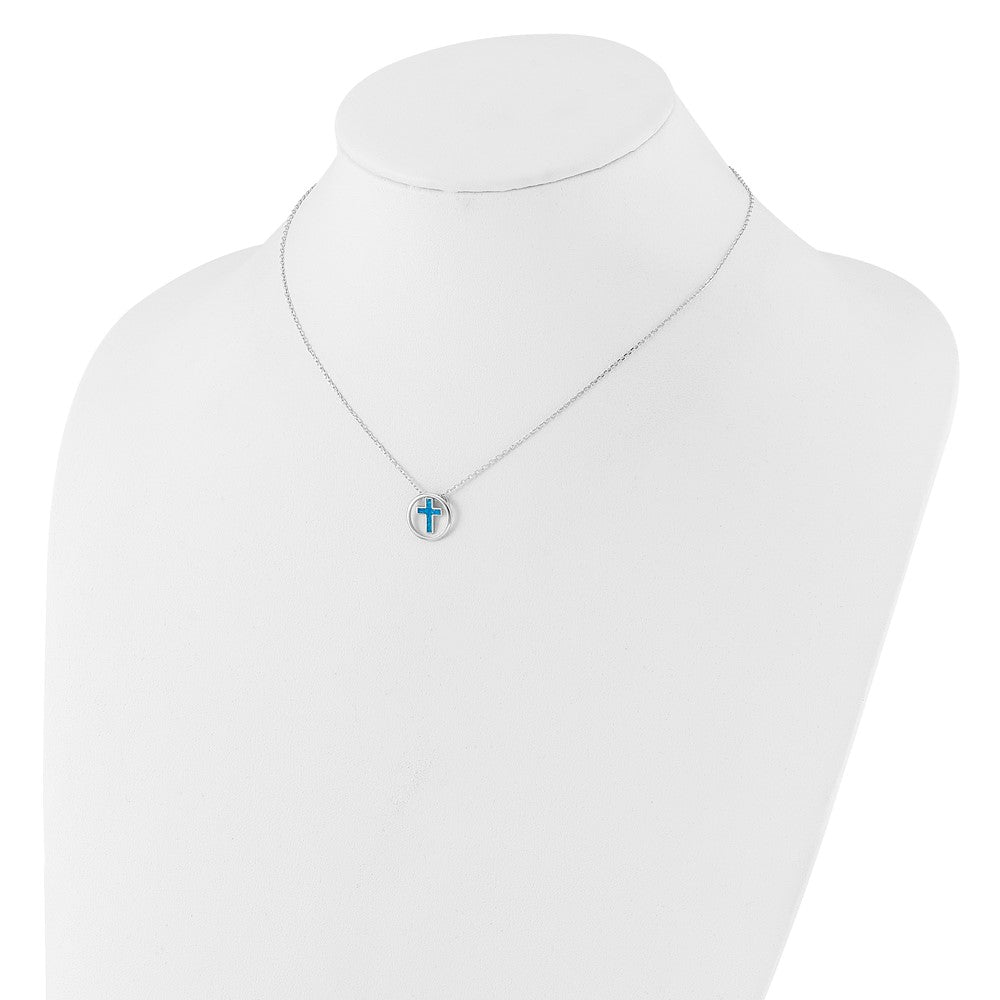 Sterling Silver Rhodium Plated Blue Cr. Opal Inlay Cross 16in w/2in Ext Necklace