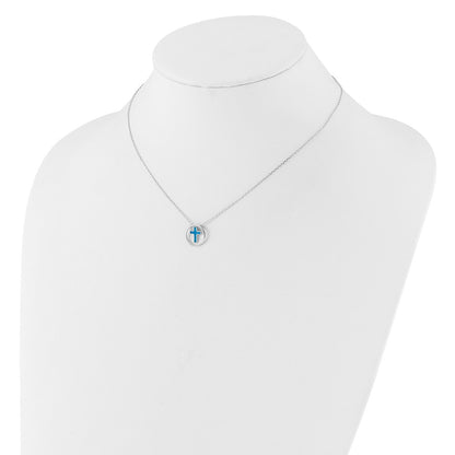 Sterling Silver Rhodium Plated Blue Cr. Opal Inlay Cross 16in w/2in Ext Necklace