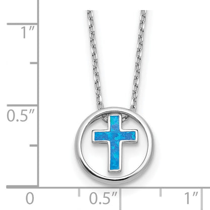 Sterling Silver Rhodium Plated Blue Cr. Opal Inlay Cross 16in w/2in Ext Necklace