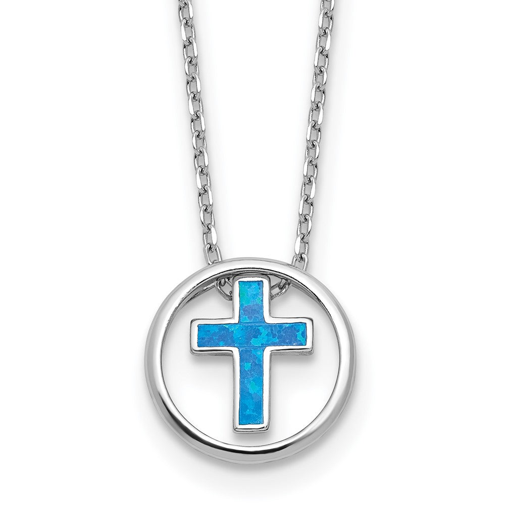Sterling Silver Rhodium Plated Blue Cr. Opal Inlay Cross 16in w/2in Ext Necklace