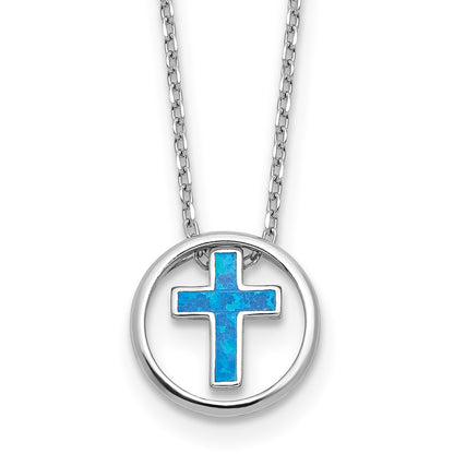 Sterling Silver Rhodium Plated Blue Cr. Opal Inlay Cross 16in w/2in Ext Necklace