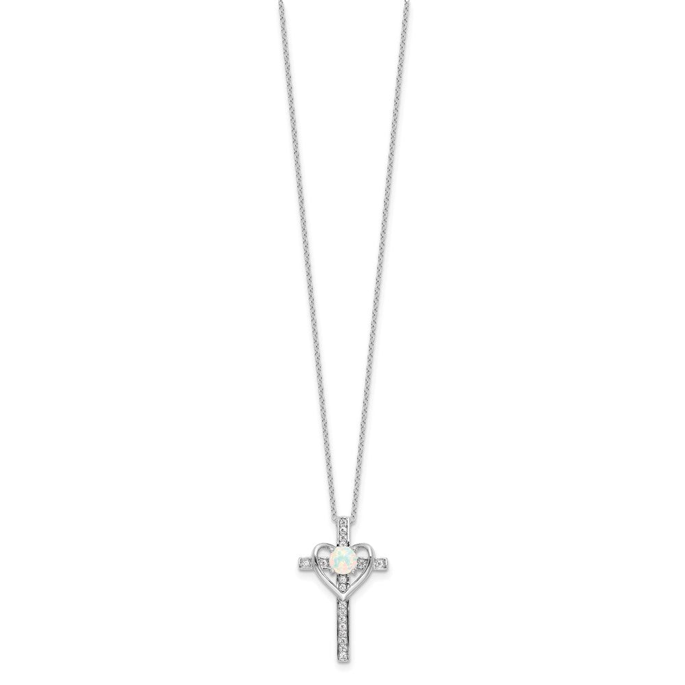 Sterling Silver Rhodium Plated Created Opal and CZ Cross W/heart 18in Necklace