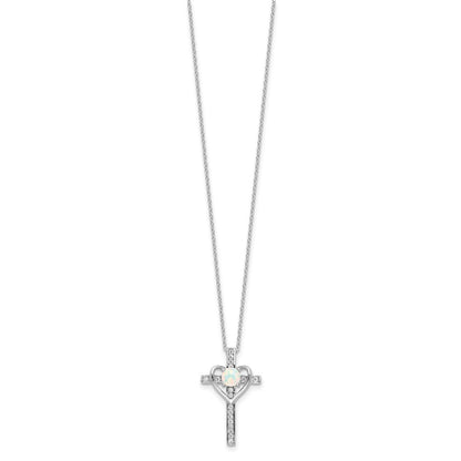 Sterling Silver Rhodium Plated Created Opal and CZ Cross W/heart 18in Necklace