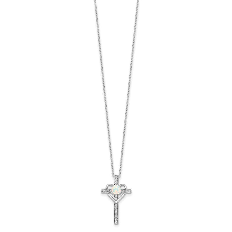 Sterling Silver Rhodium Plated Created Opal and CZ Cross W/heart 18in Necklace