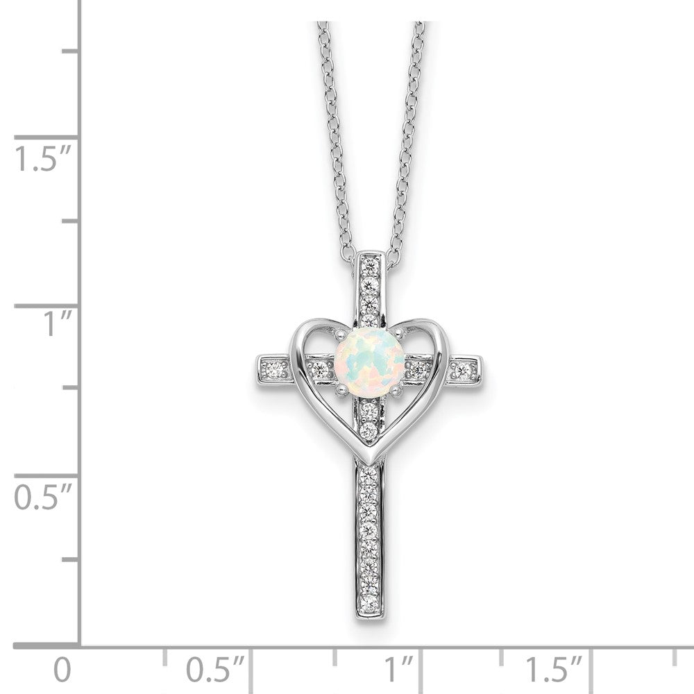 Sterling Silver Rhodium Plated Created Opal and CZ Cross W/heart 18in Necklace