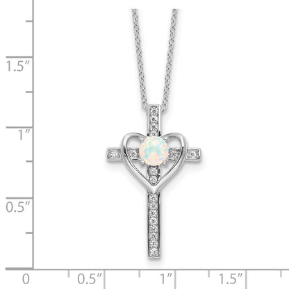 Sterling Silver Rhodium Plated Created Opal and CZ Cross W/heart 18in Necklace
