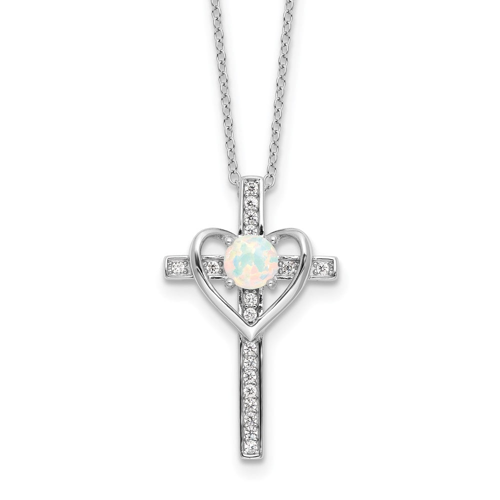 Sterling Silver Rhodium Plated Created Opal and CZ Cross W/heart 18in Necklace