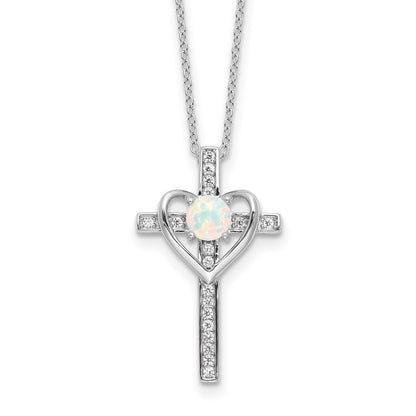 Sterling Silver Rhodium Plated Created Opal and CZ Cross W/heart 18in Necklace