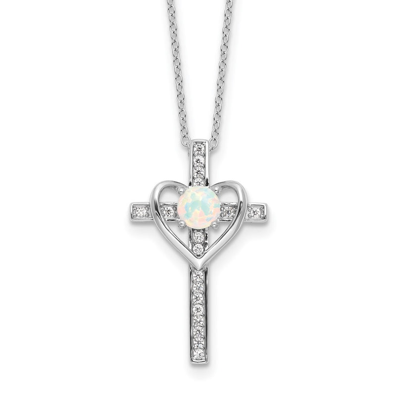 Sterling Silver Rhodium Plated Created Opal and CZ Cross W/heart 18in Necklace