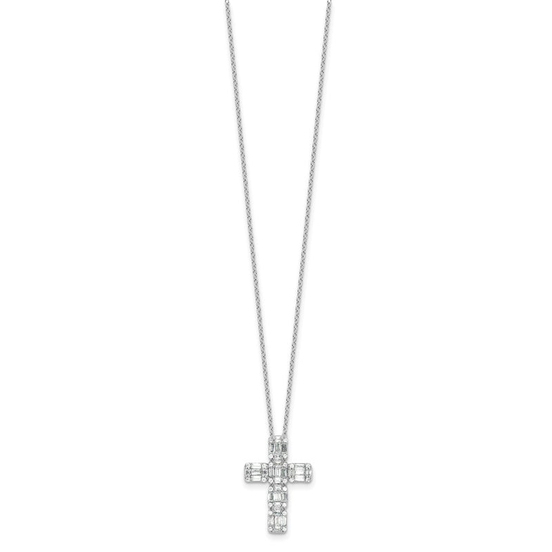Sterling Silver Rhodium-Plated Baguette CZ Cross 18in Necklace