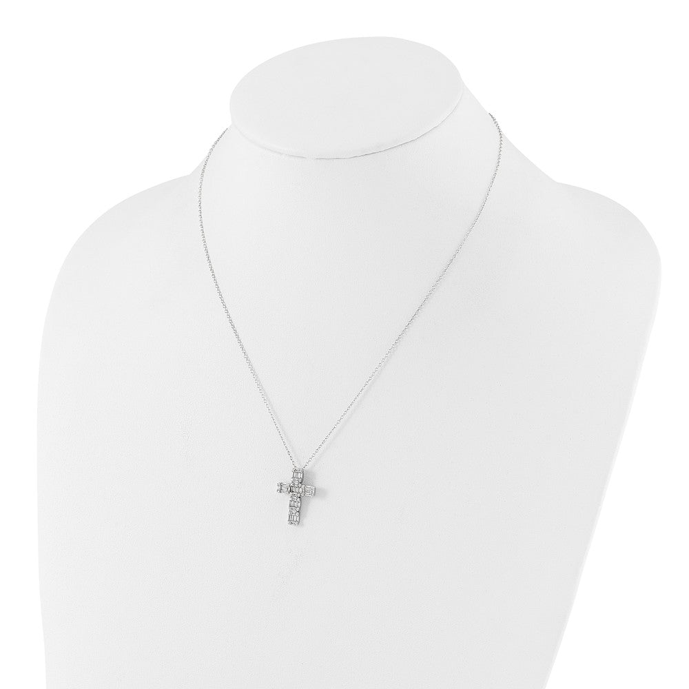 Sterling Silver Rhodium-Plated Baguette CZ Cross 18in Necklace
