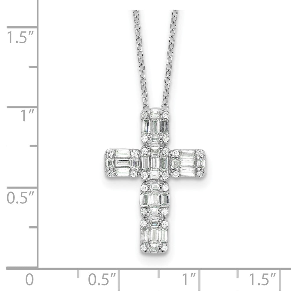 Sterling Silver Rhodium-Plated Baguette CZ Cross 18in Necklace