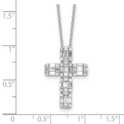 Sterling Silver Rhodium-Plated Baguette CZ Cross 18in Necklace