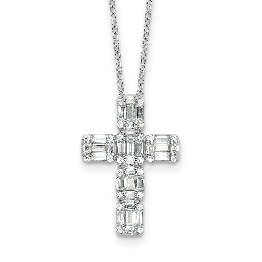 Sterling Silver Rhodium-Plated Baguette CZ Cross 18in Necklace