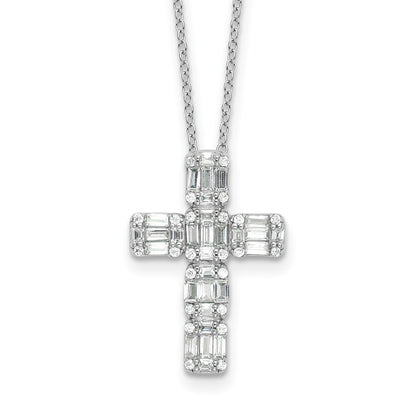 Sterling Silver Rhodium-Plated Baguette CZ Cross 18in Necklace