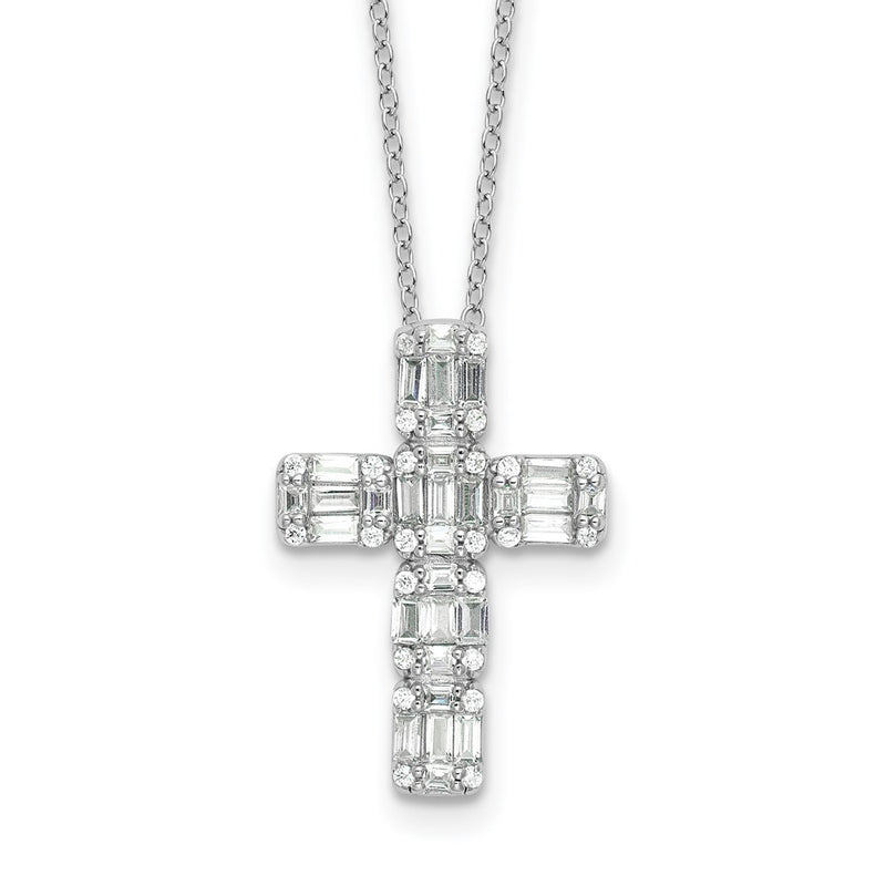Sterling Silver Rhodium-Plated Baguette CZ Cross 18in Necklace