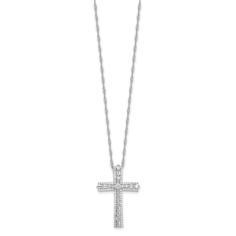 Sterling Silver Rhodium-Plated CZ Cross 18in w/2in Ext. Necklace