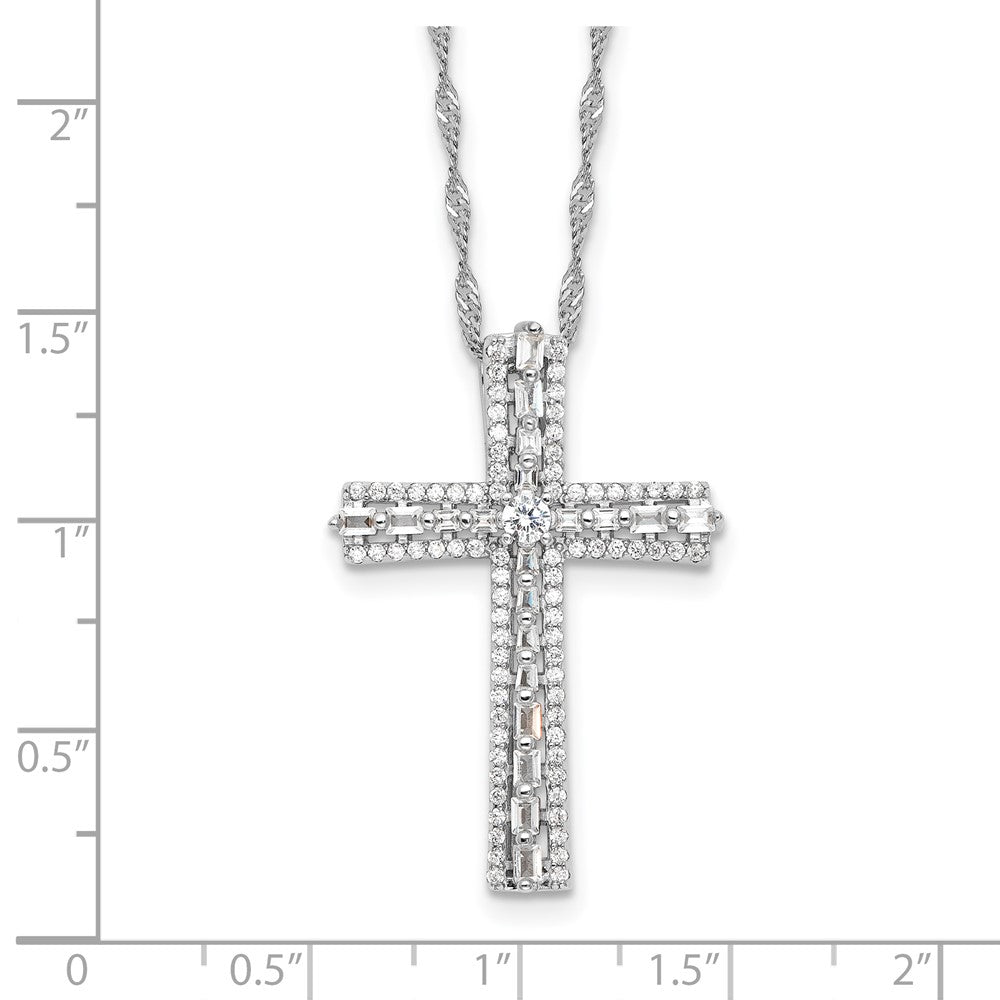 Sterling Silver Rhodium-Plated CZ Cross 18in w/2in Ext. Necklace