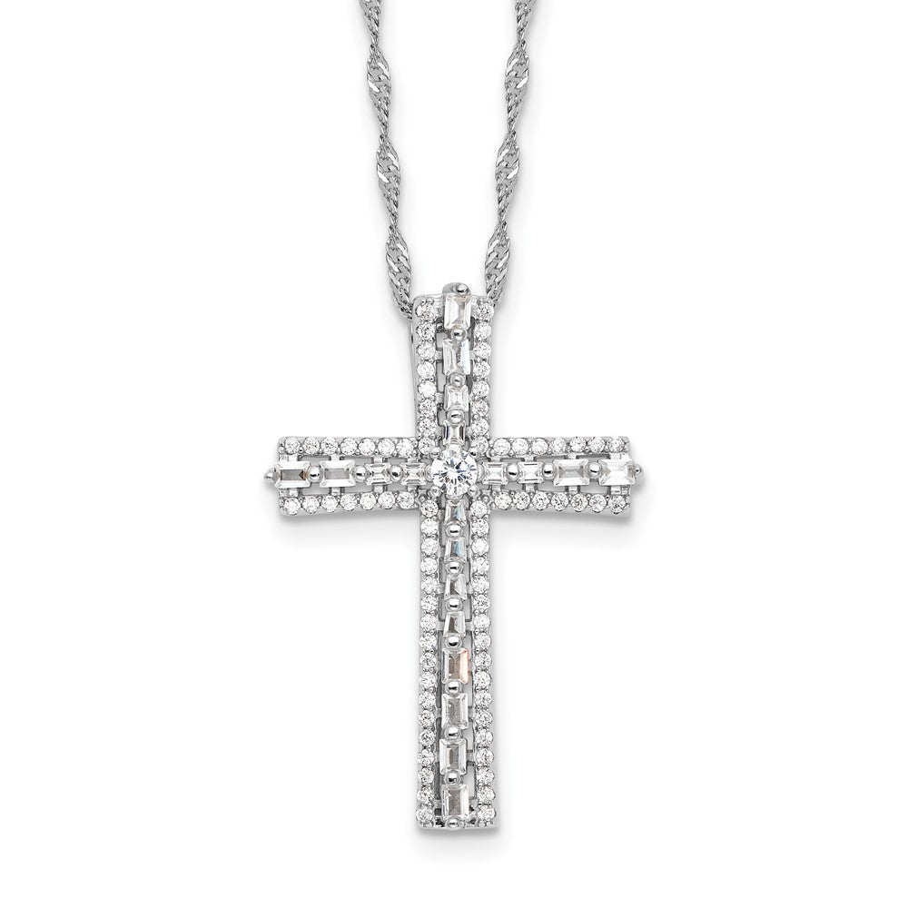 Sterling Silver Rhodium-Plated CZ Cross 18in w/2in Ext. Necklace