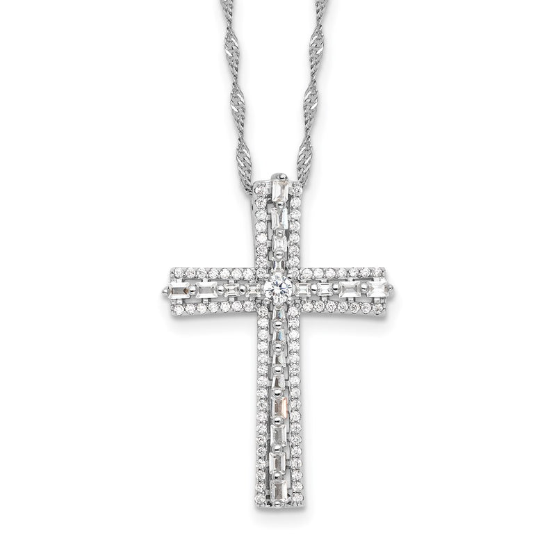 Sterling Silver Rhodium-Plated CZ Cross 18in w/2in Ext. Necklace