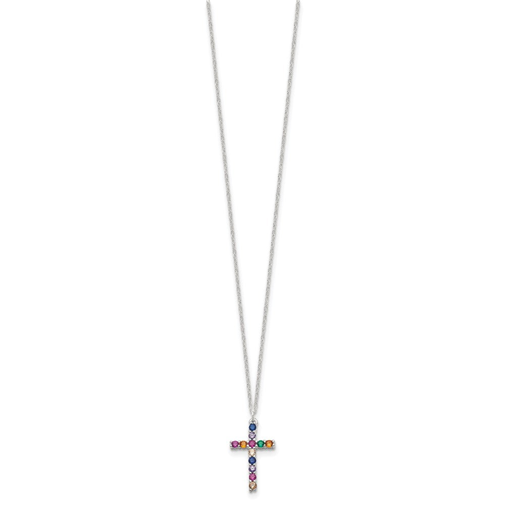 Sterling Silver Multi Color E-Coating CZ Cross 16in w/2in Ext Necklace