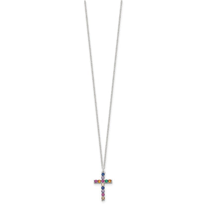 Sterling Silver Multi Color E-Coating CZ Cross 16in w/2in Ext Necklace