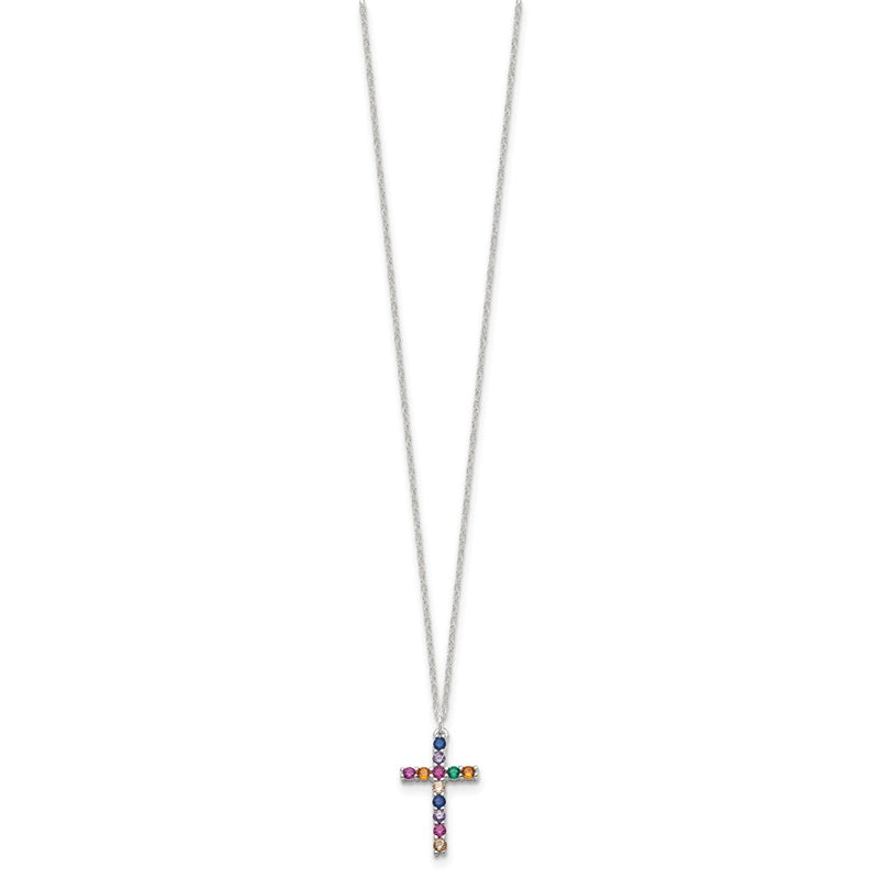 Sterling Silver Multi Color E-Coating CZ Cross 16in w/2in Ext Necklace