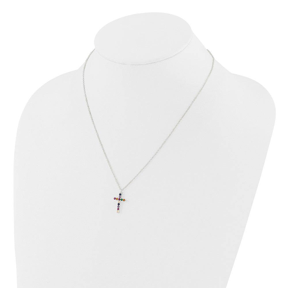 Sterling Silver Multi Color E-Coating CZ Cross 16in w/2in Ext Necklace