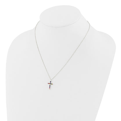 Sterling Silver Multi Color E-Coating CZ Cross 16in w/2in Ext Necklace