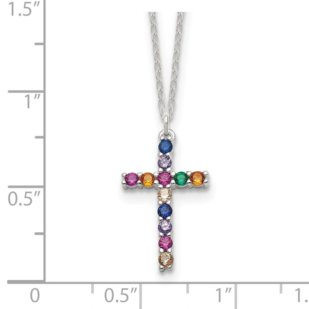 Sterling Silver Multi Color E-Coating CZ Cross 16in w/2in Ext Necklace