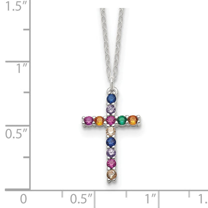 Sterling Silver Multi Color E-Coating CZ Cross 16in w/2in Ext Necklace