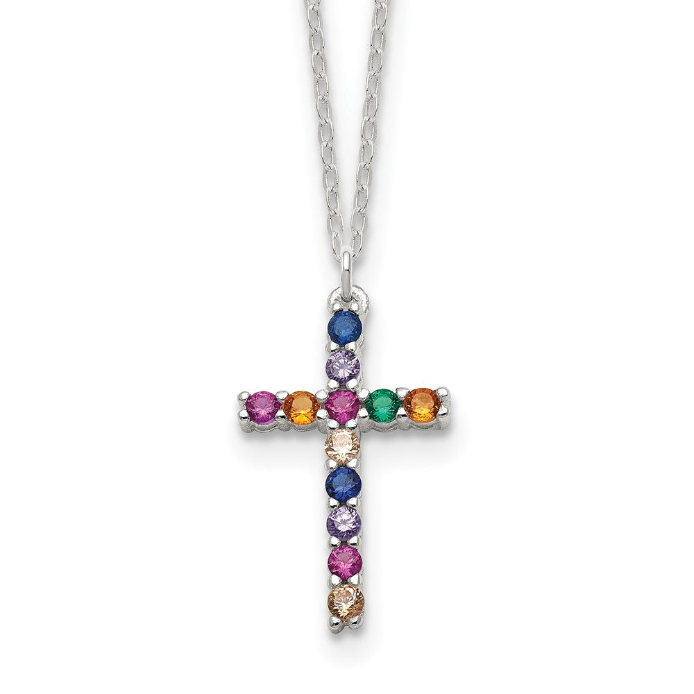 Sterling Silver Multi Color E-Coating CZ Cross 16in w/2in Ext Necklace