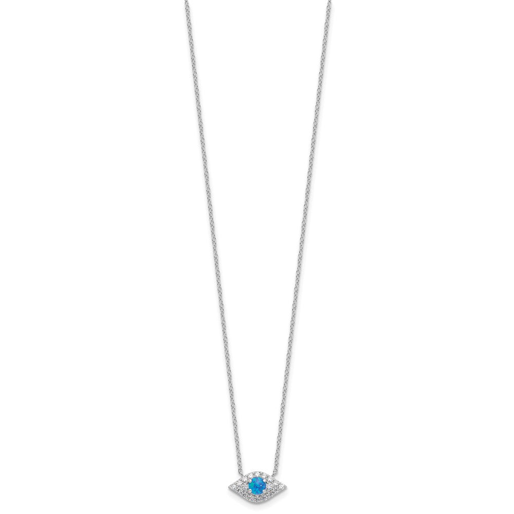 Sterling Silver Rhodium-Plated CZ Blue Cr. Opal Evil Eye w/2in Ext Necklace