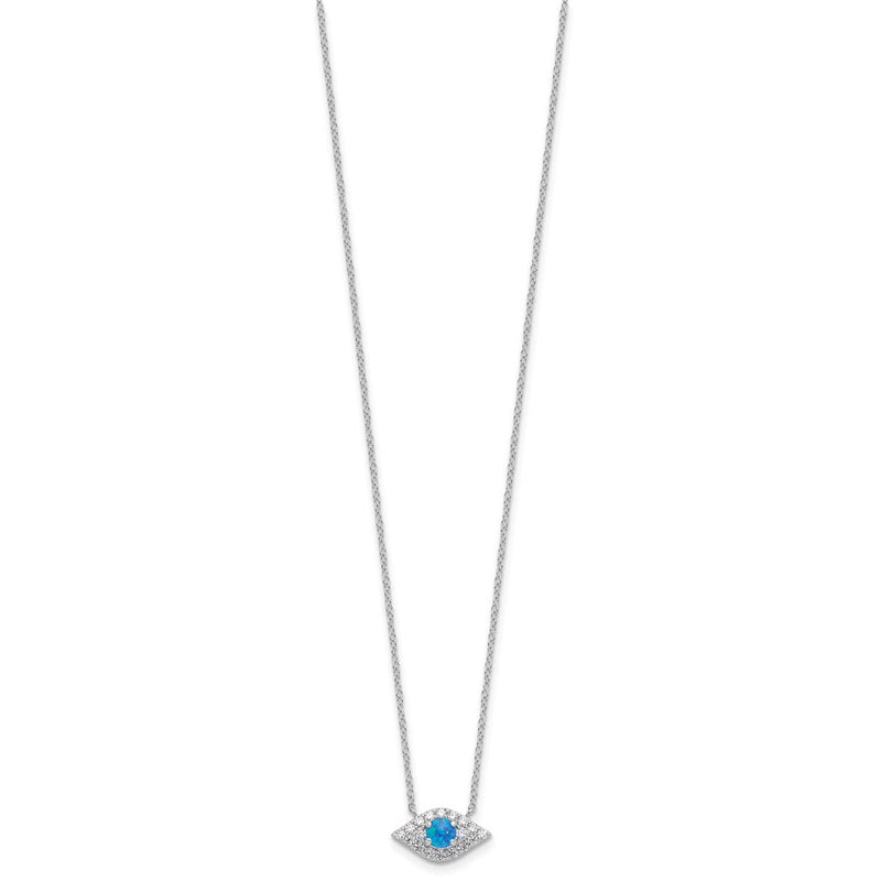 Sterling Silver Rhodium-Plated CZ Blue Cr. Opal Evil Eye w/2in Ext Necklace