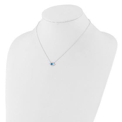 Sterling Silver Rhodium-Plated CZ Blue Cr. Opal Evil Eye w/2in Ext Necklace