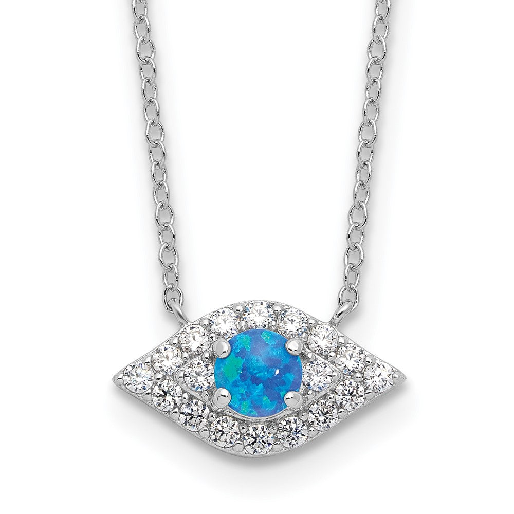 Sterling Silver Rhodium-Plated CZ Blue Cr. Opal Evil Eye w/2in Ext Necklace