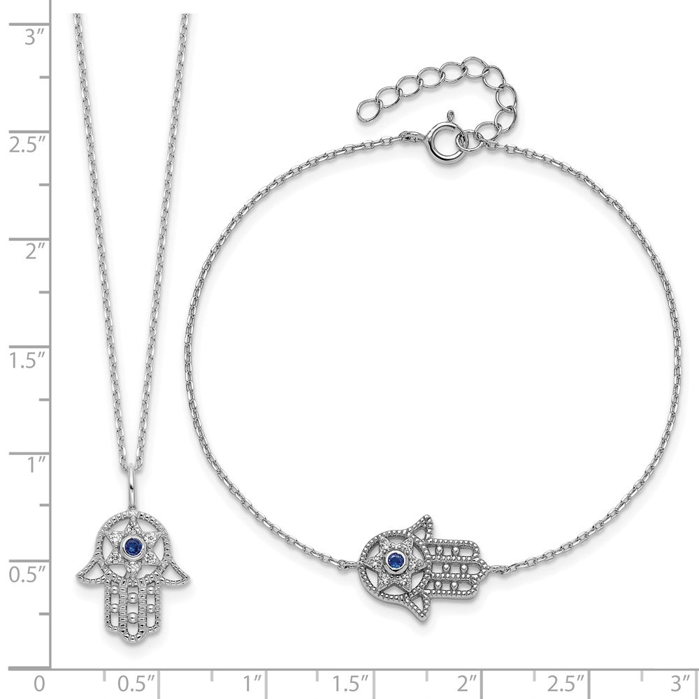 Sterling Silver Rh-Plate Cr.blue Spinel and CZ Hamsa Bracelet/necklace Set