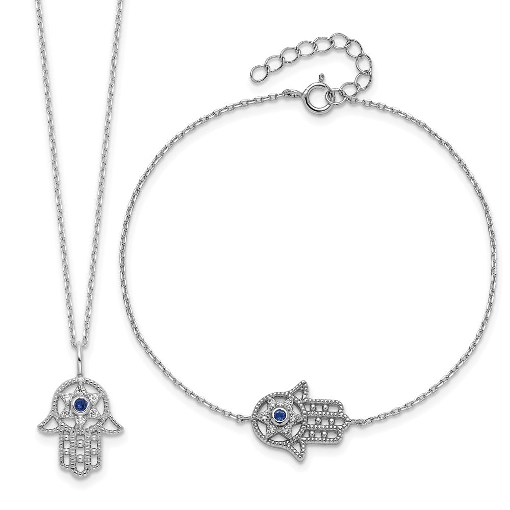 Sterling Silver Rh-Plate Cr.blue Spinel and CZ Hamsa Bracelet/necklace Set