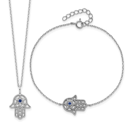 Sterling Silver Rh-Plate Cr.blue Spinel and CZ Hamsa Bracelet/necklace Set