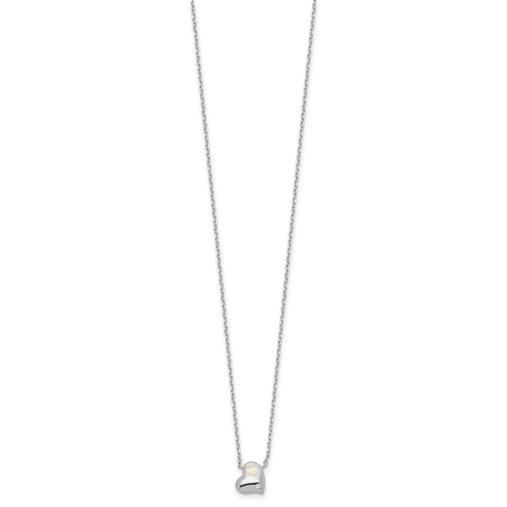 Sterling Silver Rhodium Plated Created Opal Inlay CZ Heart w/2in Ext Necklace