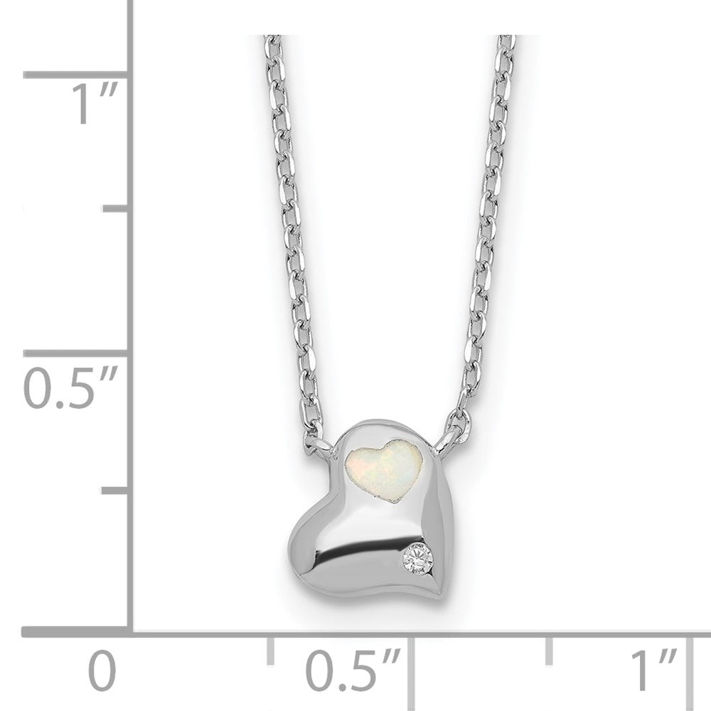 Sterling Silver Rhodium Plated Created Opal Inlay CZ Heart w/2in Ext Necklace
