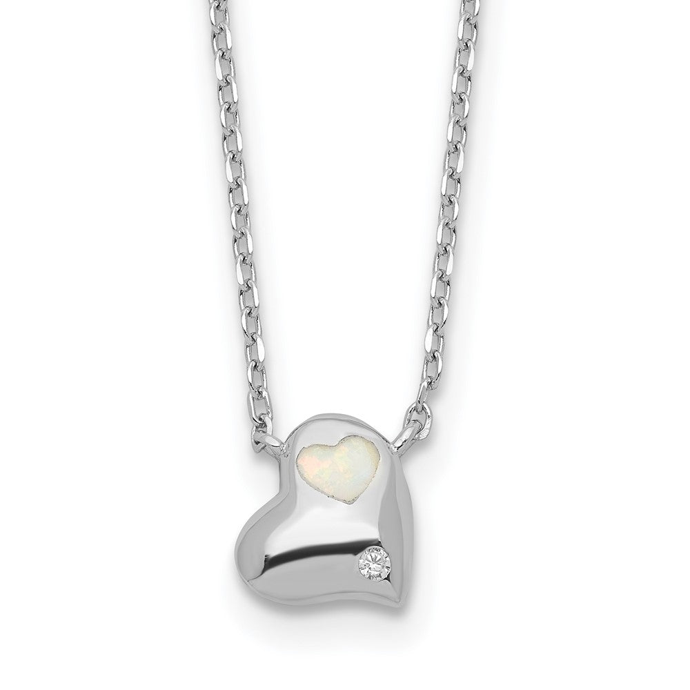 Sterling Silver Rhodium Plated Created Opal Inlay CZ Heart w/2in Ext Necklace